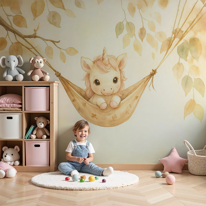 Babykamer behang | Schattige eenhoorn in haar hangmat