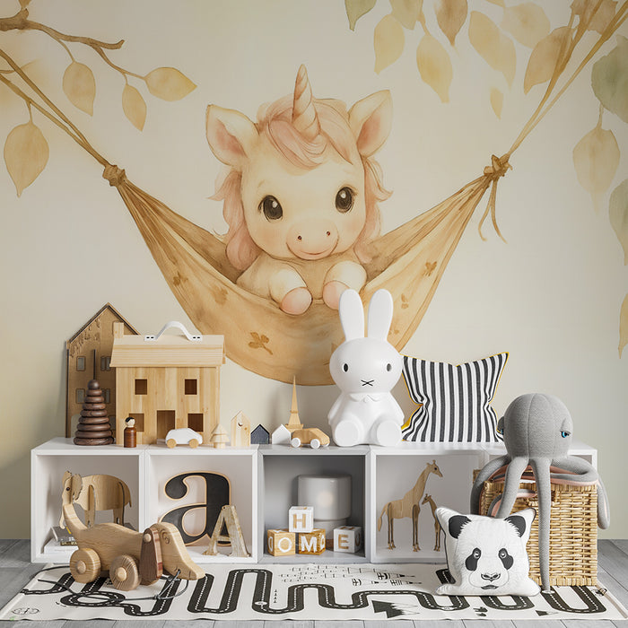 Babykamer behang | Schattige eenhoorn in haar hangmat