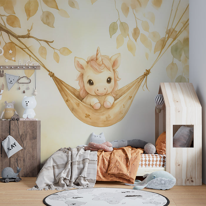 Babykamer behang | Schattige eenhoorn in haar hangmat