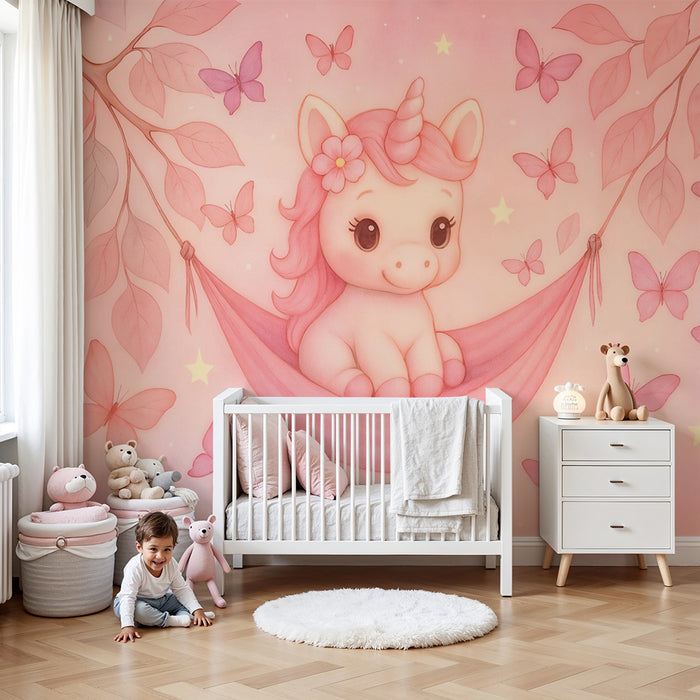 Lastenhuoneen tapetti | Lumottu yksisarvinen ja pastellinpunaiset perhoset