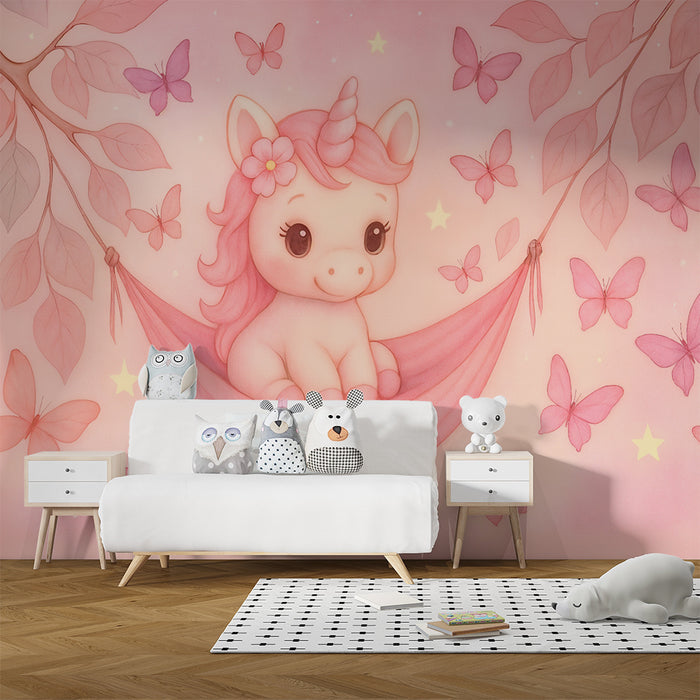 Lastenhuoneen tapetti | Lumottu yksisarvinen ja pastellinpunaiset perhoset