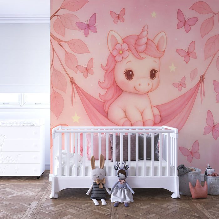 Lastenhuoneen tapetti | Lumottu yksisarvinen ja pastellinpunaiset perhoset