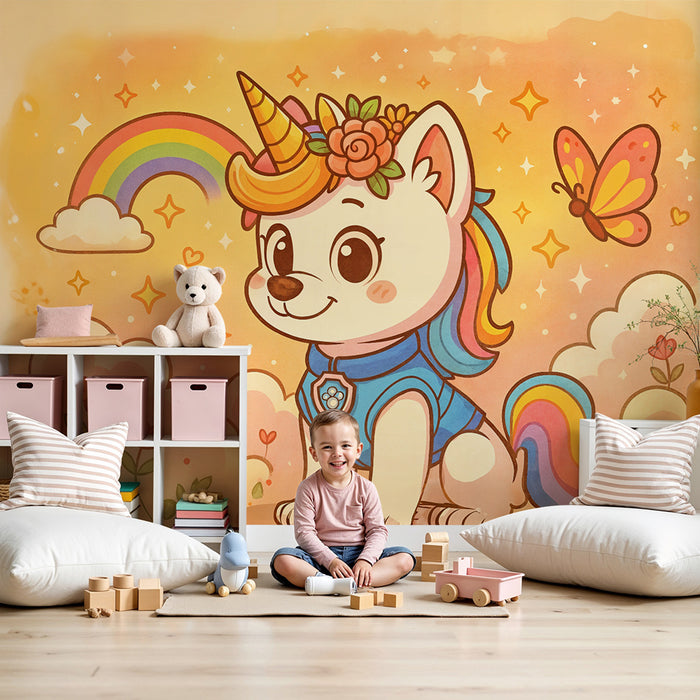 Papier peint magique | Šteniatko jednorožca s dúhovým obláčikom