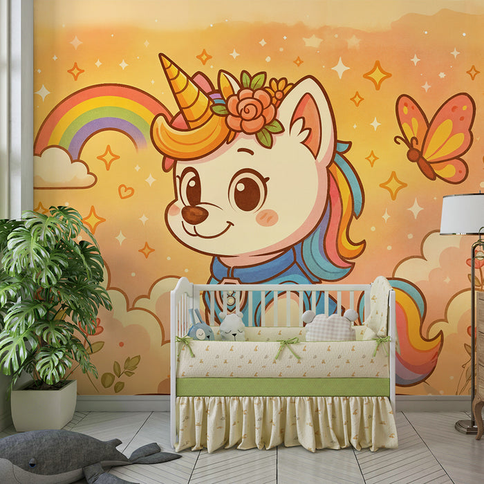 Papier peint magique | Šteniatko jednorožca s dúhovým obláčikom