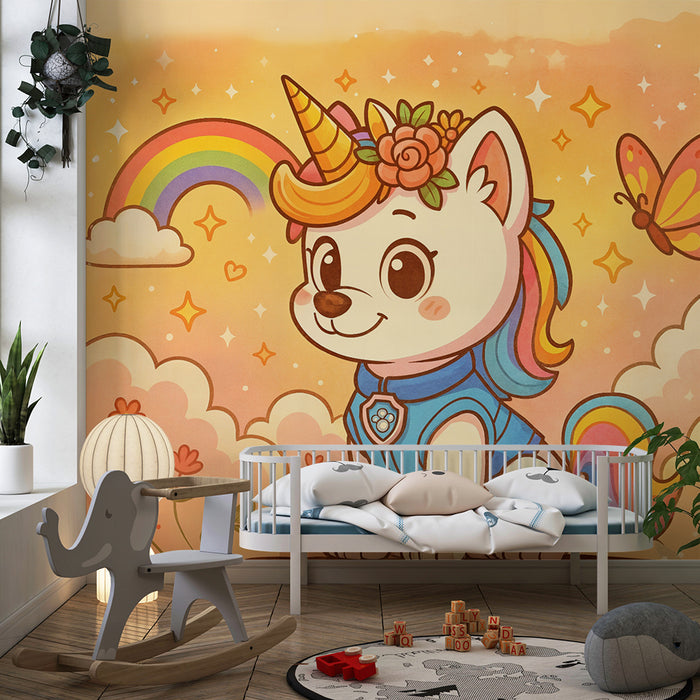 Papier peint magique | Šteniatko jednorožca s dúhovým obláčikom