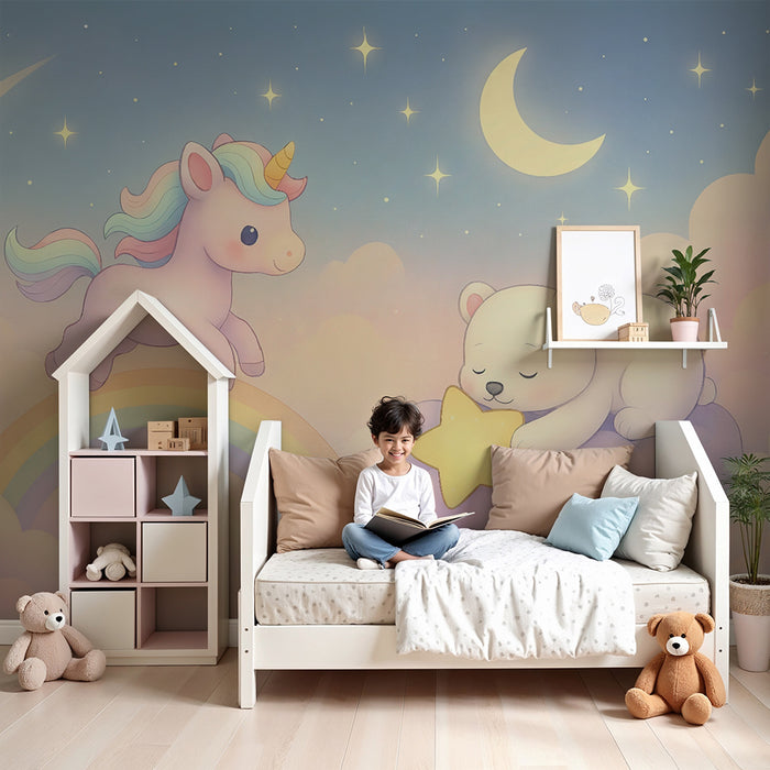 Papel de parede mágico | Unicórnio e urso nas nuvens
