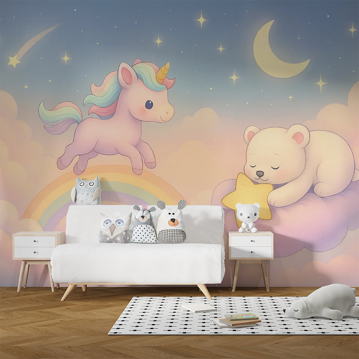 Papel de parede mágico | Unicórnio e urso nas nuvens