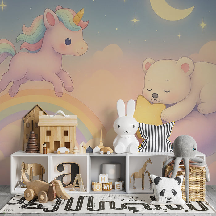 Papel de parede mágico | Unicórnio e urso nas nuvens