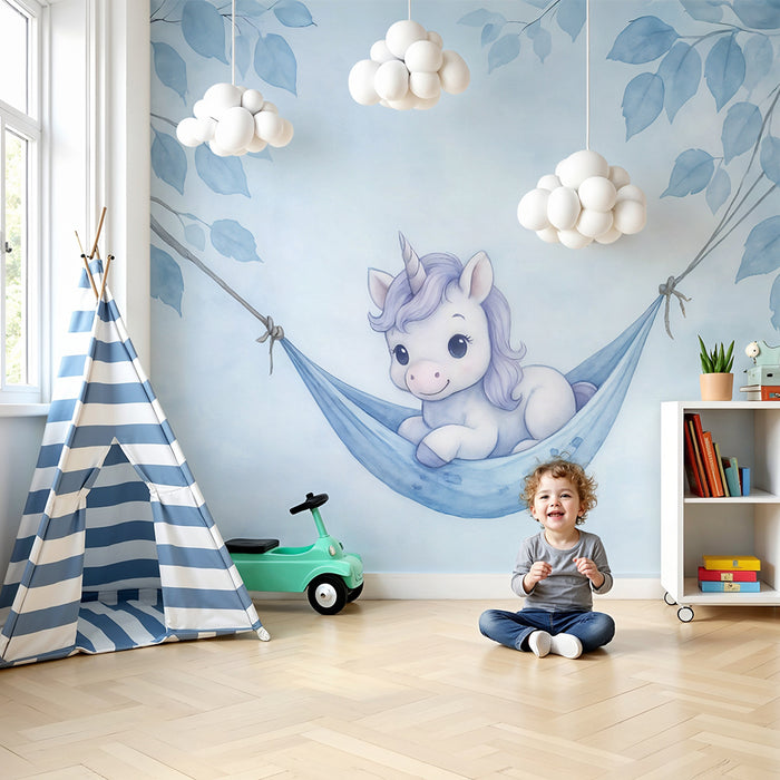 Babykamer behang | Dromende eenhoorn in hangmat