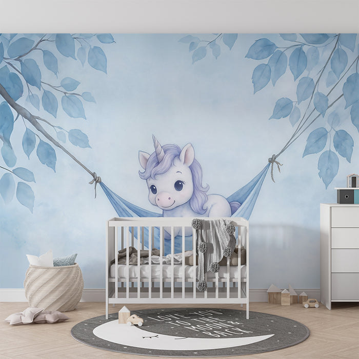 Babykamer behang | Dromende eenhoorn in hangmat