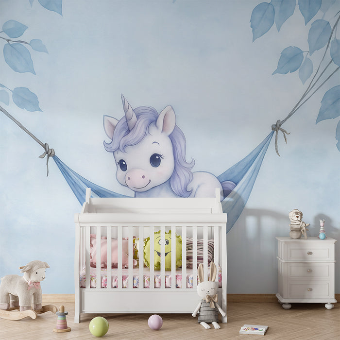 Babykamer behang | Dromende eenhoorn in hangmat