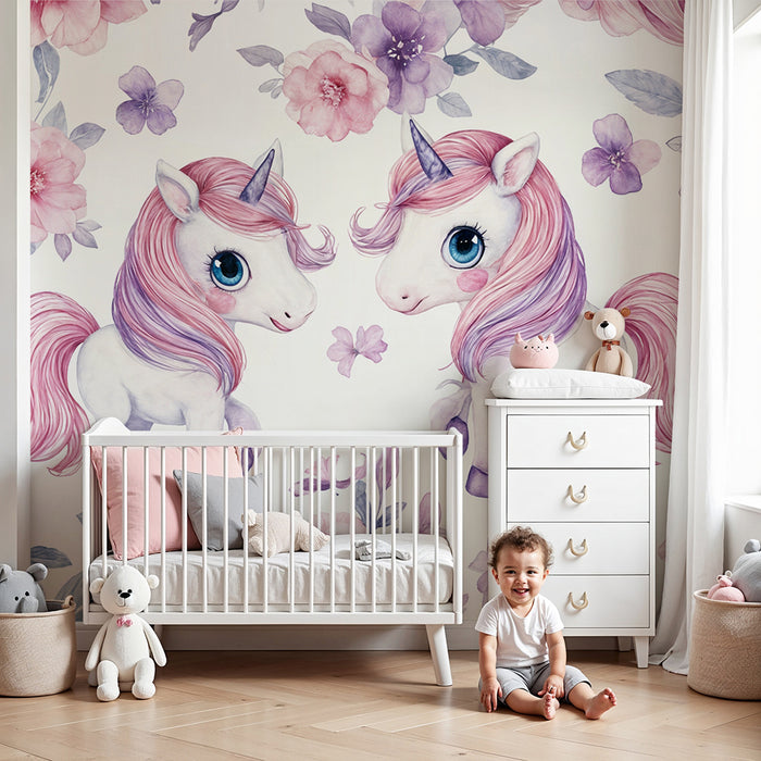 Papel de parede unicórnio | Encanto floral rosa e violeta