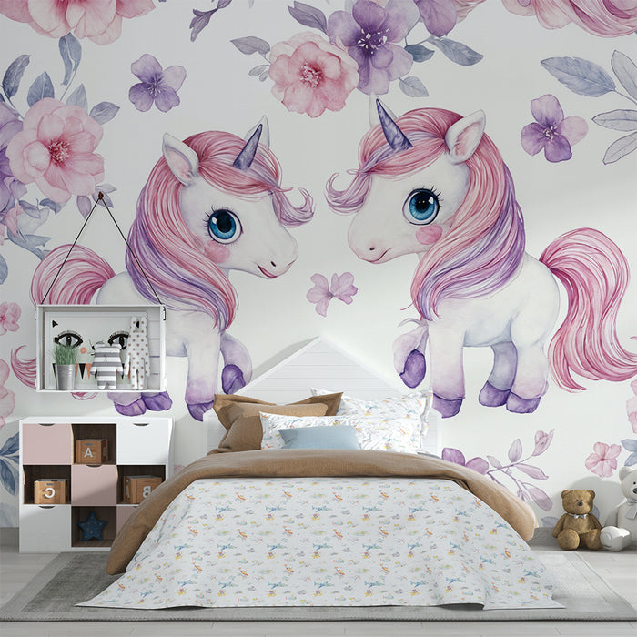 Papel de parede unicórnio | Encanto floral rosa e violeta