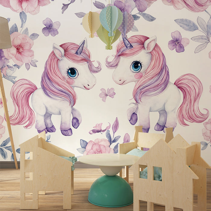 Papel de parede unicórnio | Encanto floral rosa e violeta