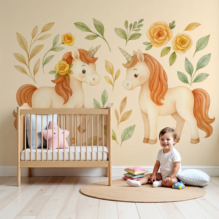 Papel de parede unicórnio | Suavidade floral infantil