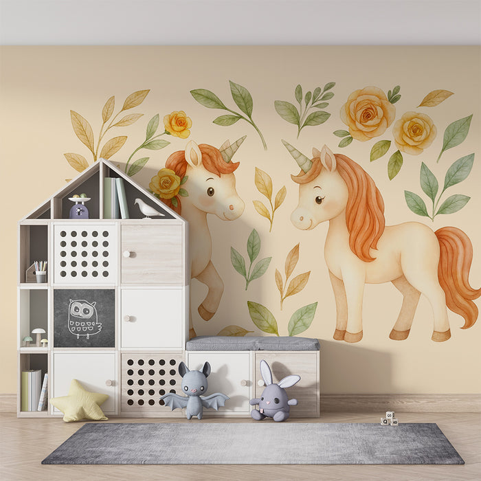Papel de parede unicórnio | Suavidade floral infantil