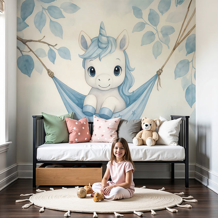 Papier peint chambre bébé | Licorne rêveuse en hamac bleu