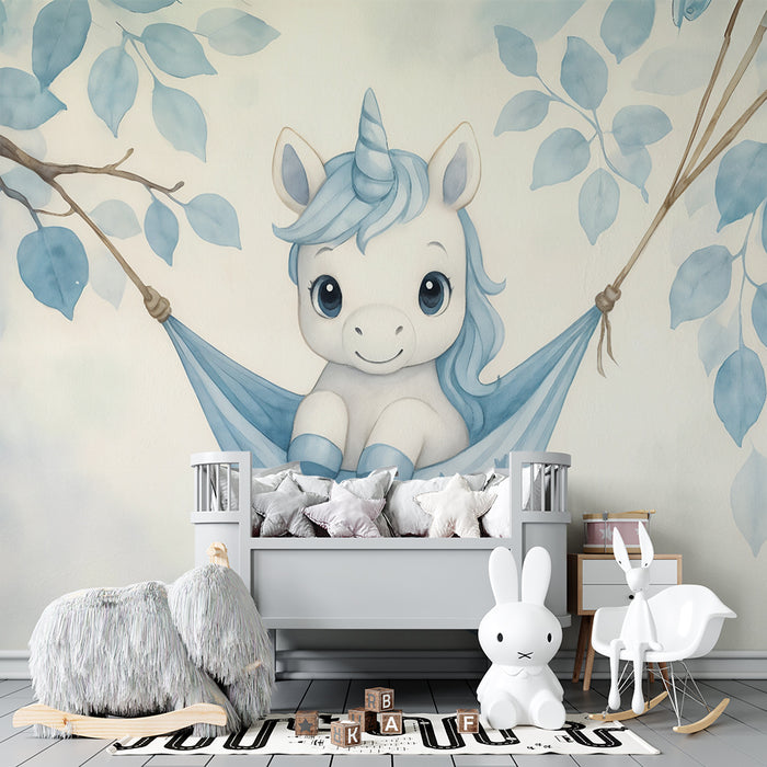 Papier peint chambre bébé | Licorne rêveuse en hamac bleu