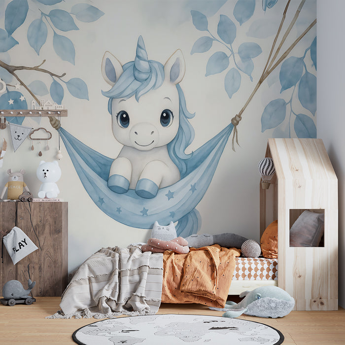Papier peint chambre bébé | Licorne rêveuse en hamac bleu