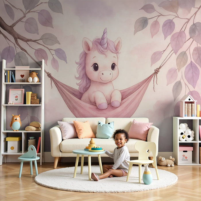 Papier peint chambre bébé | Licorne douce et feuillage pastel