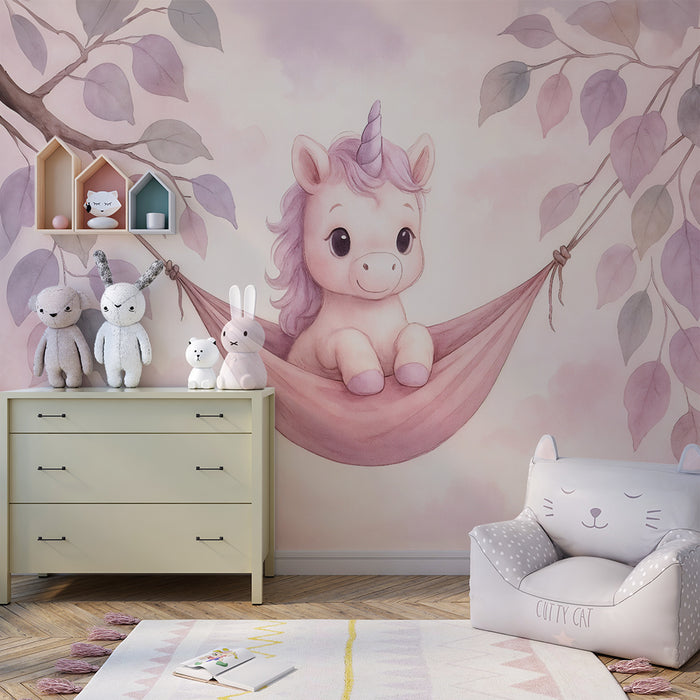 Papier peint chambre bébé | Licorne douce et feuillage pastel