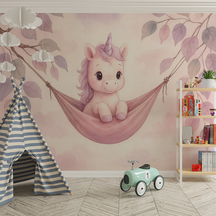 Papier peint chambre bébé | Licorne douce et feuillage pastel