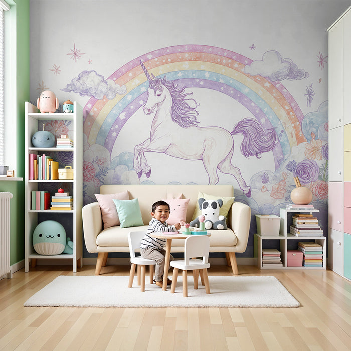 Papel de parede Unicórnio Arco-íris | Céu Encantado e Flores Pastel