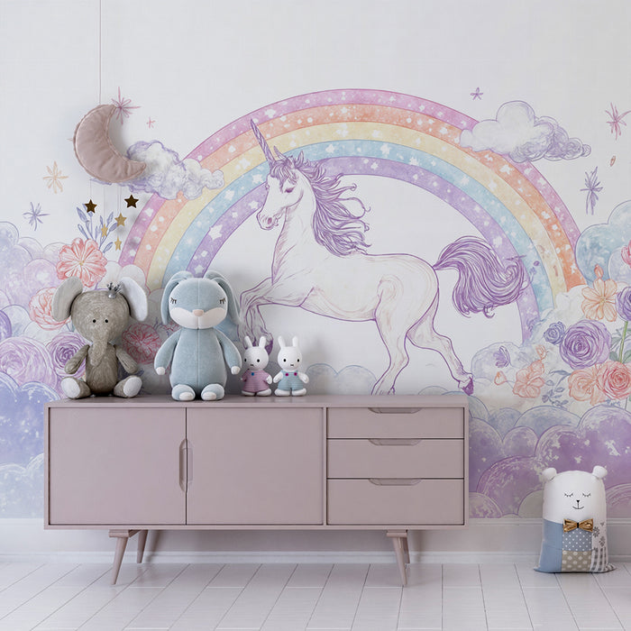 Papel de parede Unicórnio Arco-íris | Céu Encantado e Flores Pastel