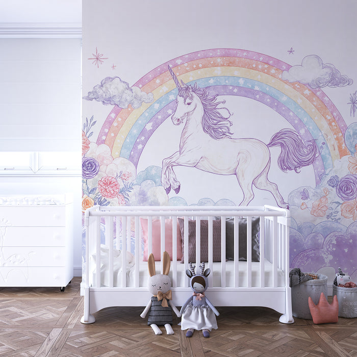 Papel de parede Unicórnio Arco-íris | Céu Encantado e Flores Pastel
