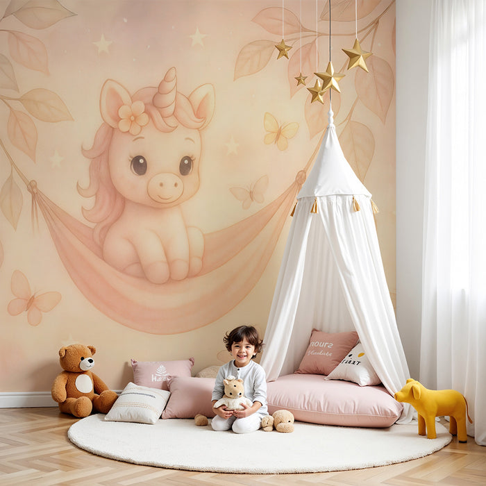 Babykamer behang | Zachte eenhoorn en pastelvlinders
