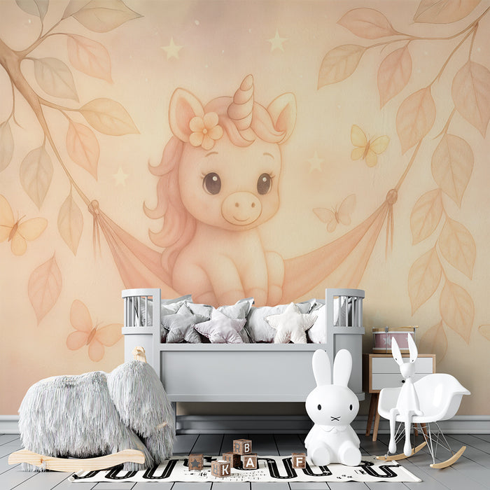 Babykamer behang | Zachte eenhoorn en pastelvlinders