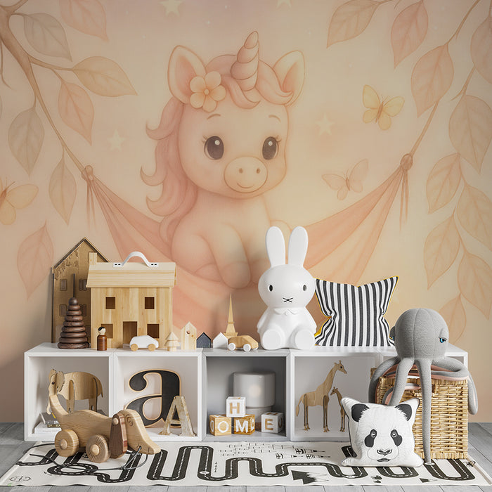 Babykamer behang | Zachte eenhoorn en pastelvlinders