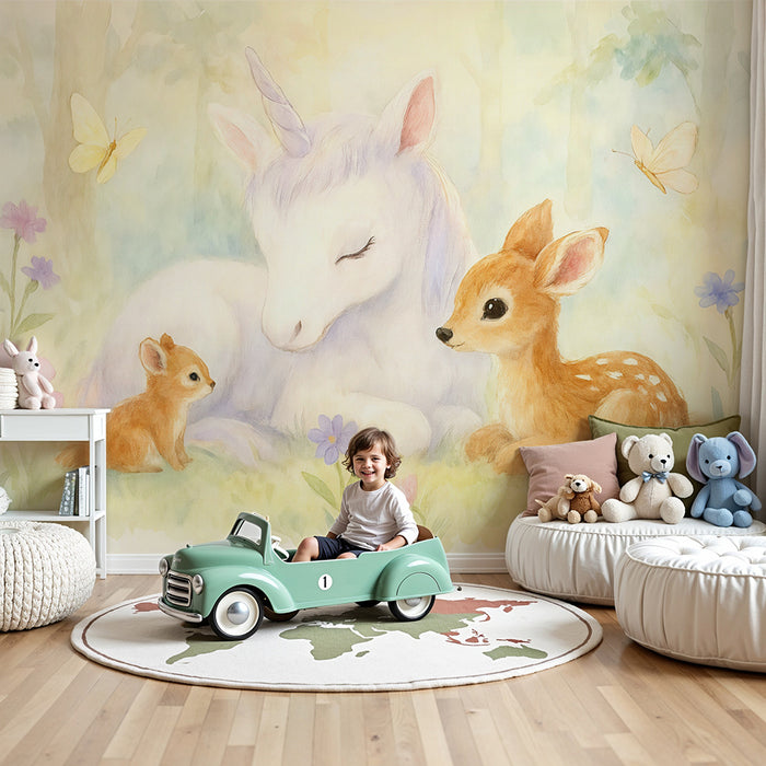 Papel de parede Unicórnio e Animais | Cena de floresta encantada