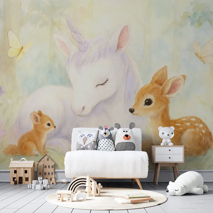 Papel de parede Unicórnio e Animais | Cena de floresta encantada