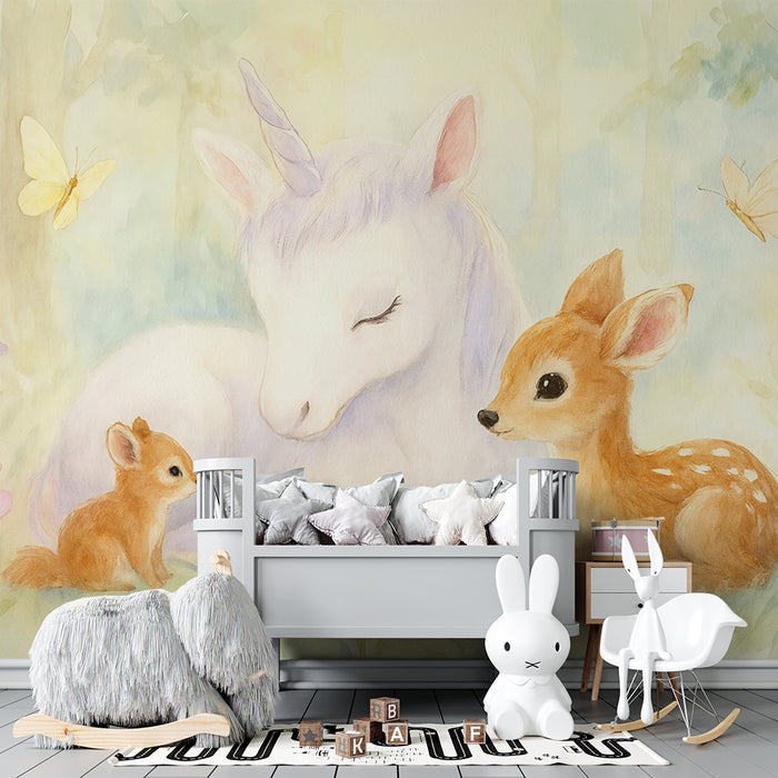 Papel de parede Unicórnio e Animais | Cena de floresta encantada