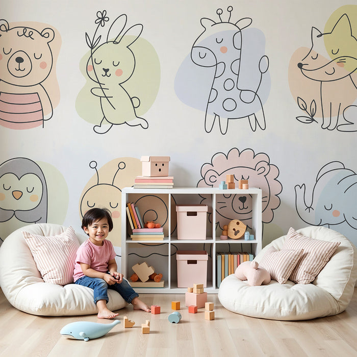 Babykamer behang | Schattige dieren en pastel