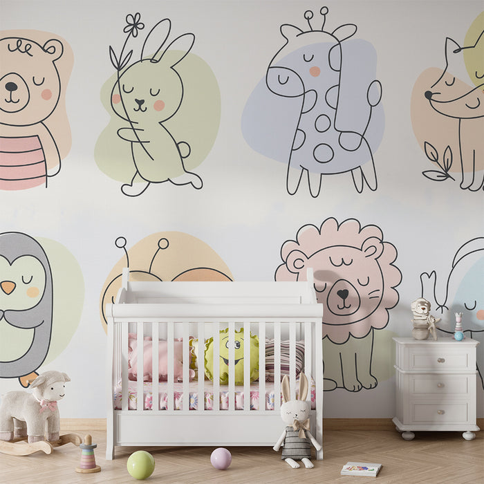 Babykamer behang | Schattige dieren en pastel
