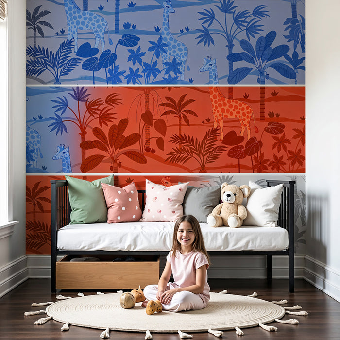 Børneværelses tapet | Farverig jungle med eksotiske giraffer