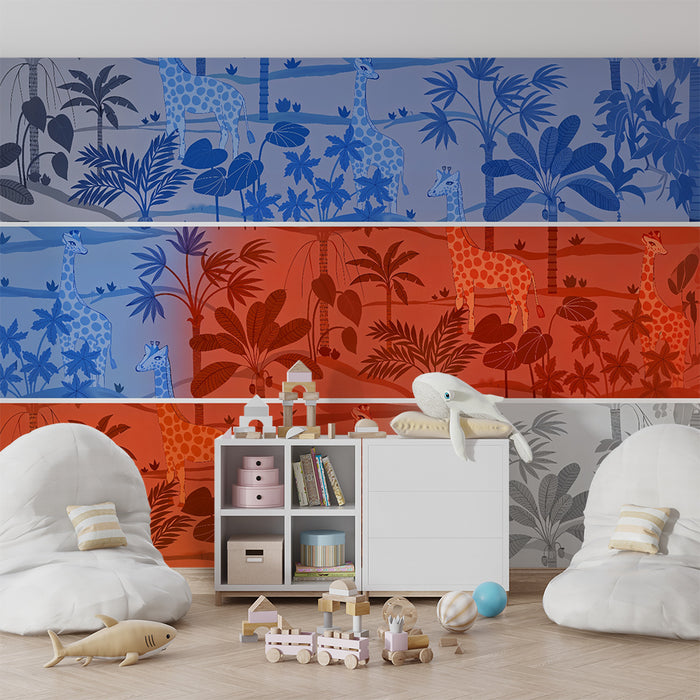 Børneværelses tapet | Farverig jungle med eksotiske giraffer
