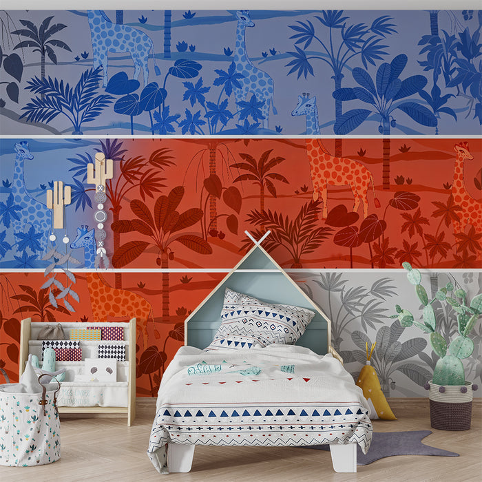 Børneværelses tapet | Farverig jungle med eksotiske giraffer