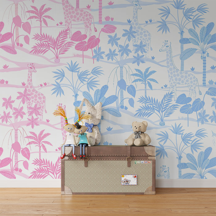 Tapet pentru cameră copii | Savană în roz și albastru cu girafe