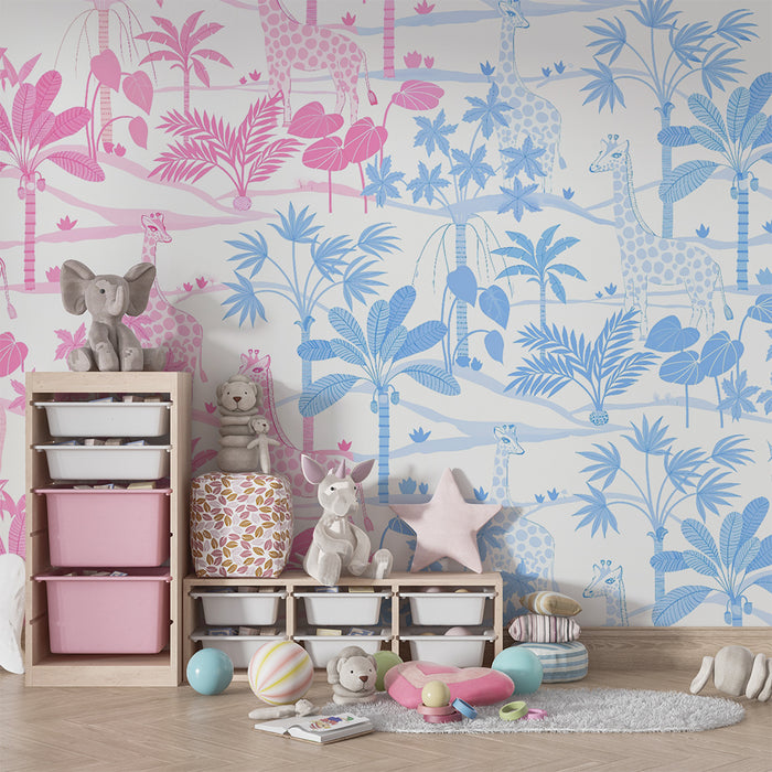 Tapet pentru cameră copii | Savană în roz și albastru cu girafe