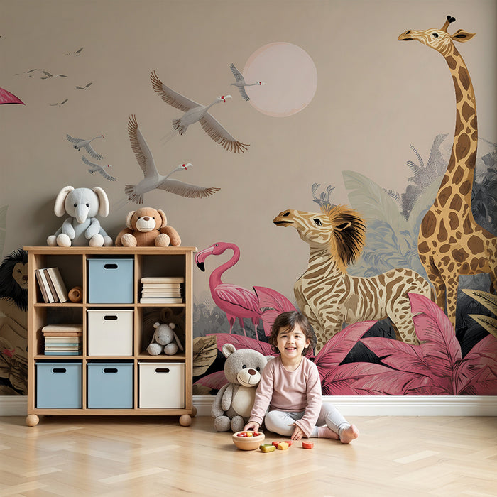 Papier peint chambre enfant | Animaux de la savane et palmiers roses