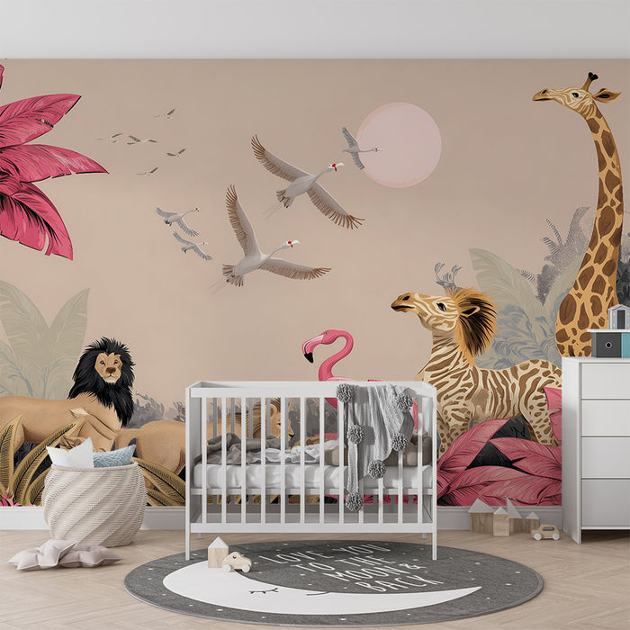Papier peint chambre enfant | Animaux de la savane et palmiers roses