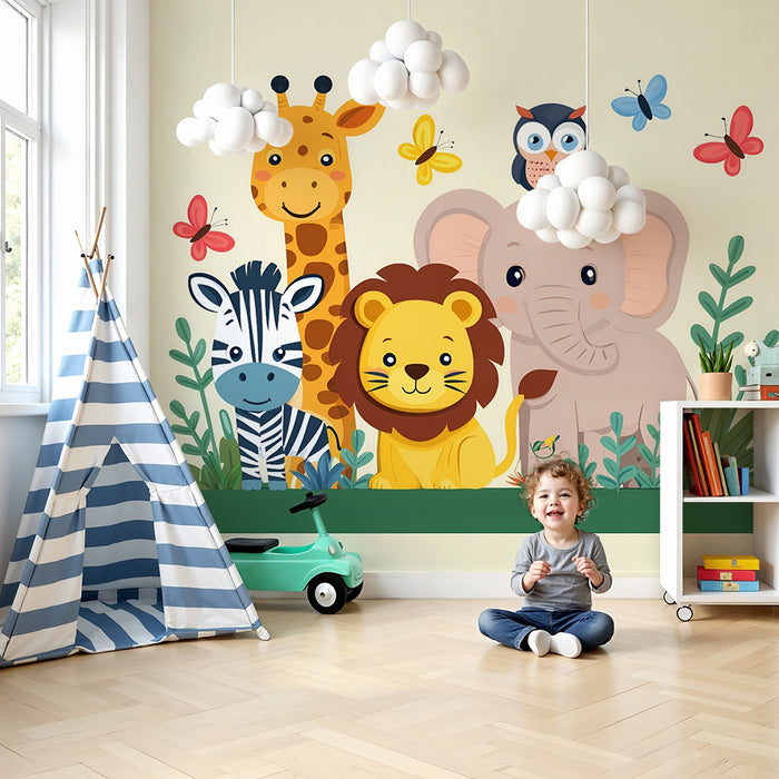Babyzimmer Tapete | Safari-Tiere und bunte Schmetterlinge