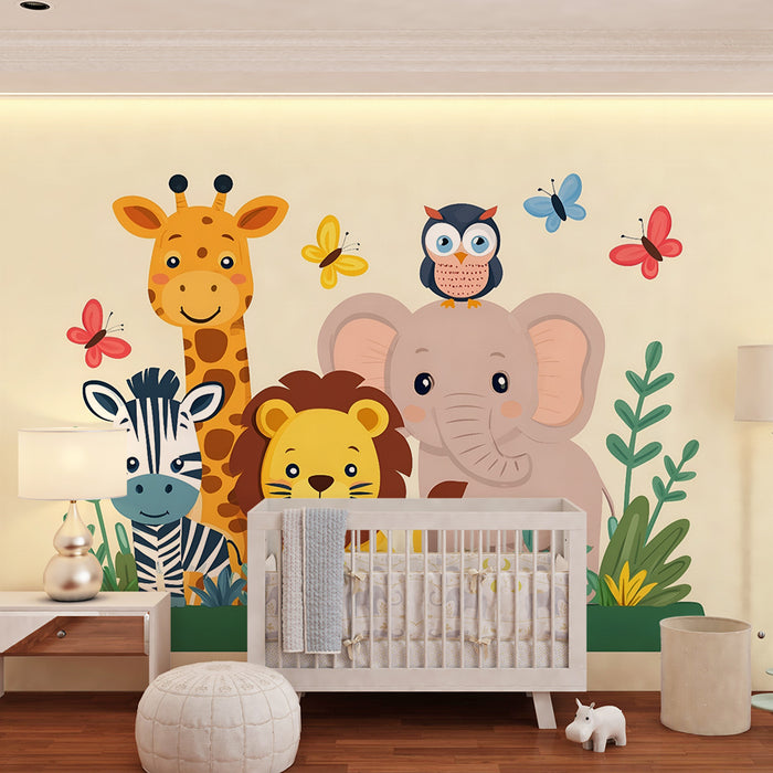 Babyzimmer Tapete | Safari-Tiere und bunte Schmetterlinge