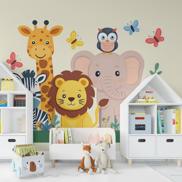 Babyzimmer Tapete | Safari-Tiere und bunte Schmetterlinge