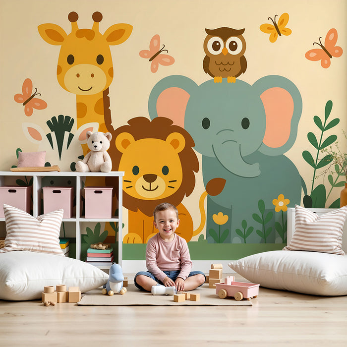 Χαρτί τοίχου παιδικού δωματίου | Διασκεδαστικό σαφάρι με ζώα και φύλλα