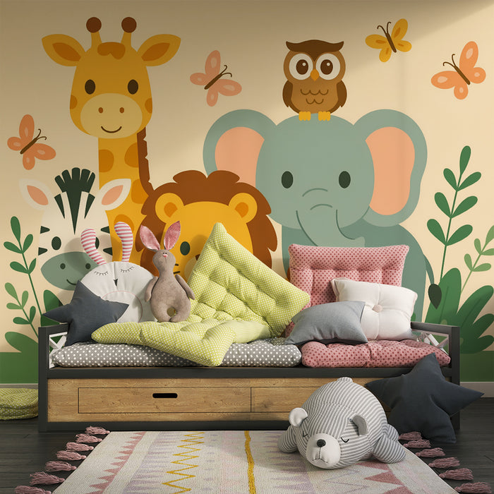 Χαρτί τοίχου παιδικού δωματίου | Διασκεδαστικό σαφάρι με ζώα και φύλλα