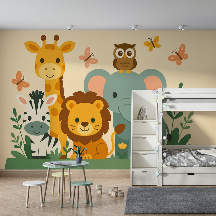 Χαρτί τοίχου παιδικού δωματίου | Διασκεδαστικό σαφάρι με ζώα και φύλλα